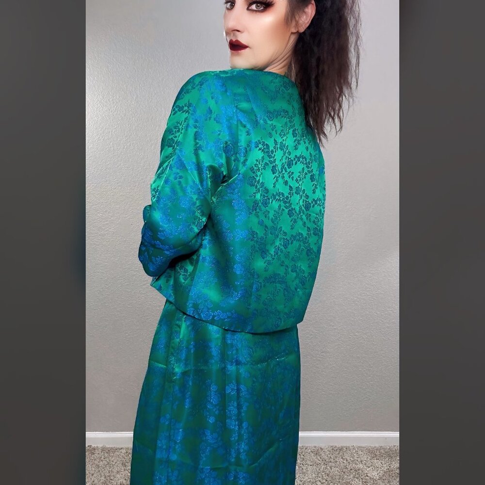 60s Satin Blue Green 3 pc Walking Suit Floral Mod MCM Top Jacket Pencil Skirt M - Picture 4 of 11